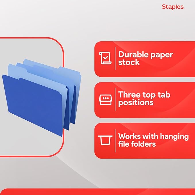 Staples File Folders, Letter Size, 1/3‑Cut Top Tabs, Durable 10.5‑Point Paper - Image 4