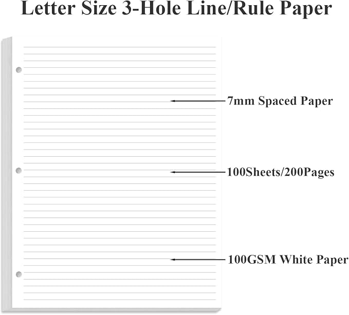 3-Hole Lined Refill Paper, Letter Size Punched Ruled Filler, 100 Sheets / 200 - Image 4