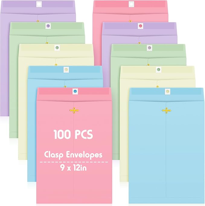 Geyee 100 Pcs Clasp Manilla Envelopes 9 x 12 Inch Gummed Colored Envelopes by Geyee