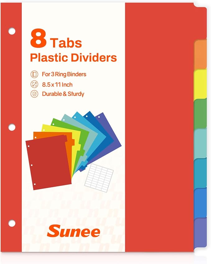 SUNEE 8 Tab Binder Dividers, Plastic Dividers by SUNEE