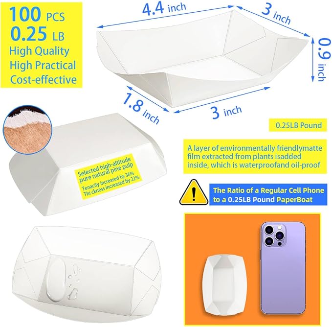 100 Pack 1/4 Lb Paper Food Boat Trays, 0.25Lb Mini Kraft Food Serving Boat Tray - Image 2