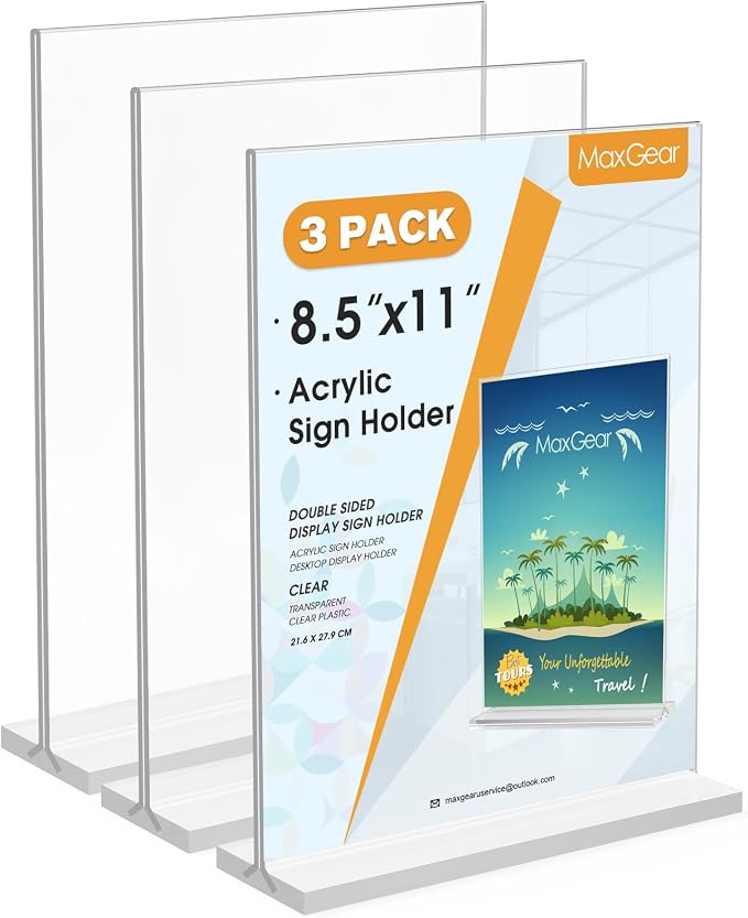 MaxGear Acrylic Sign Holder 8.5x11 T Shape 3 Pack | T Shape Display; by MaxGear