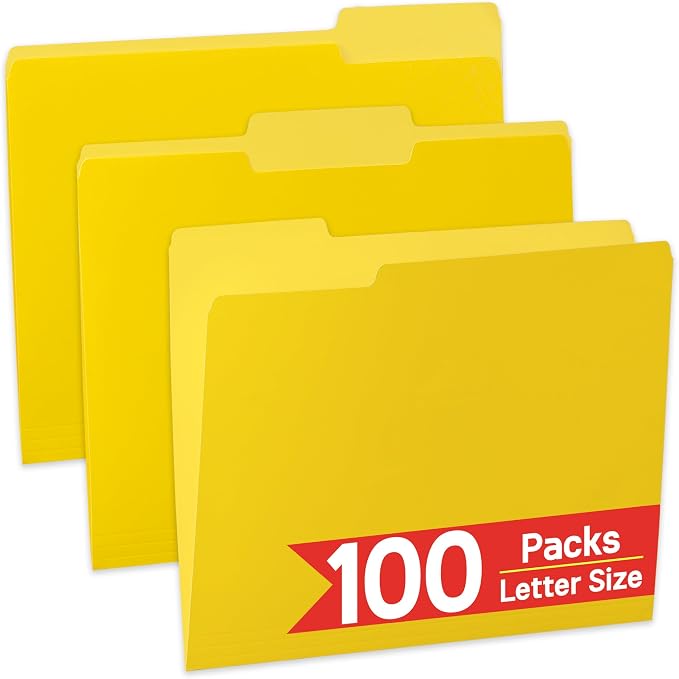 100 Packs Yellow File Folder, 1/3-Cut Tabs, Paper File Folders Letter Size by OfficeSuppliesDirect