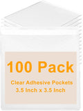 100 PCS Clear Adhesive Pockets, 3.5" x 3.5" Plastic Index Card Holder Square by Kyuionty