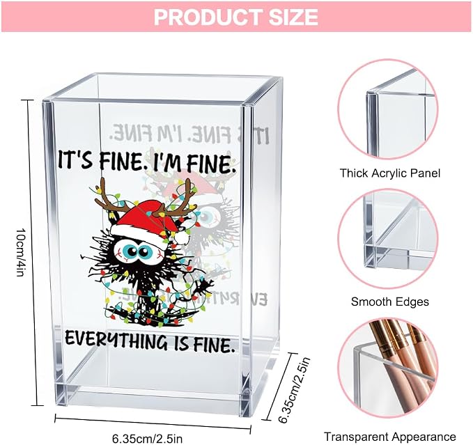 It's Fine I'm Fine Acrylic Cosmetic Pencil Pen Holder Cup, Funny Black Cat Pen - Image 2