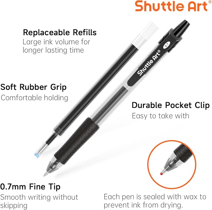 Shuttle Art Black Gel Pens, 48 Pack Retractable Medium Point Rollerball Gel Ink - Image 2