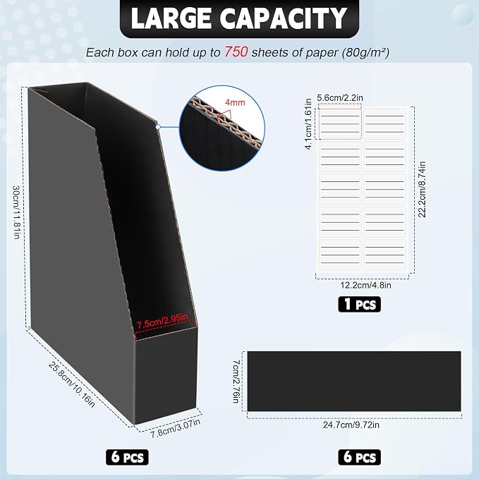 YOTINO Black Magazine Holder, 6 Pack Cardboard Magazine File Holders, Vertical - Image 2