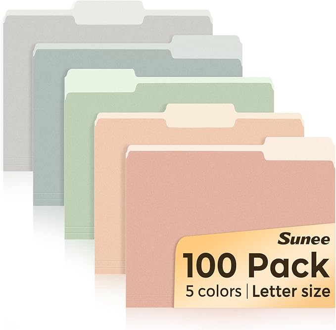 SUNEE File Folders Letter Size Pastel Colors, 100 Pack Manilla Folders 8.5 x 11 by SUNEE