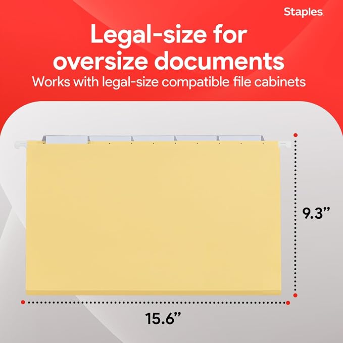 Staples Heavy‑Duty Reinforced Hanging File Folders, Legal Size, 1/5‑Cut Tabs - Image 3