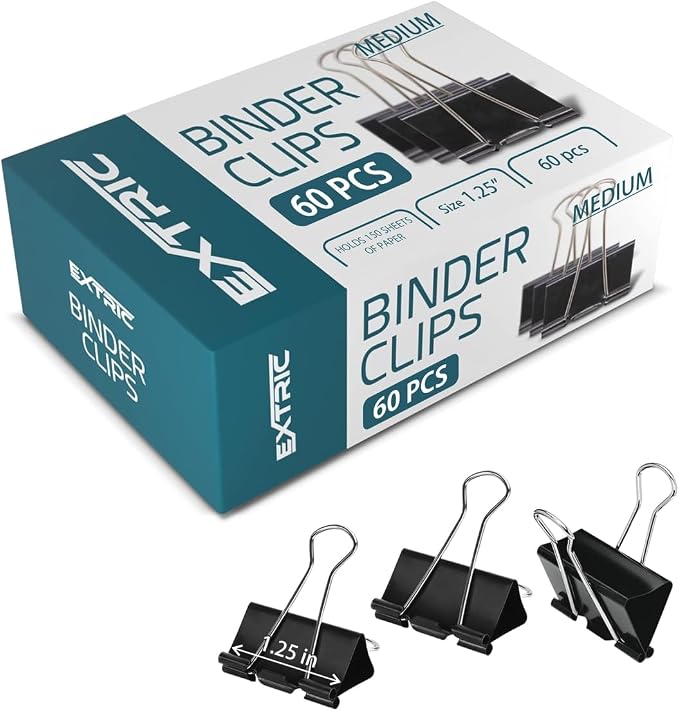 Binder Clips - 60 Medium Binder Clips, 1.25 Inch Black Paper Clamps, File Clip by EXTRIC