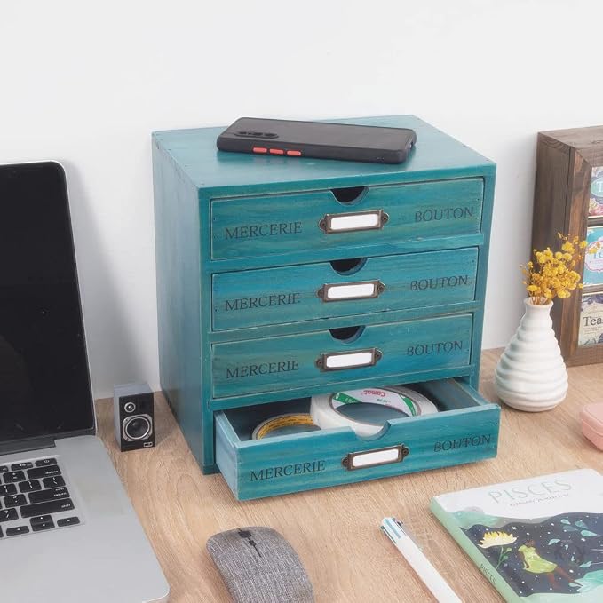Wooden Storage Box with 4 Drawers Vintage Office Supplies and Accessories - Image 2