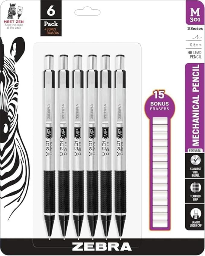 Zebra Pen M-301 Stainless Steel Mechanical Pencils, 0.5mm Fine Point HB Lead by ZebraPen