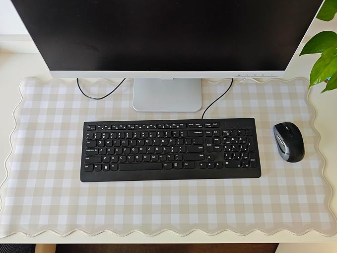Scalloped‌ Beige Checkered Gingham Desk Mat Cute Pastel Large Mouse Pad Kawaii - Image 7