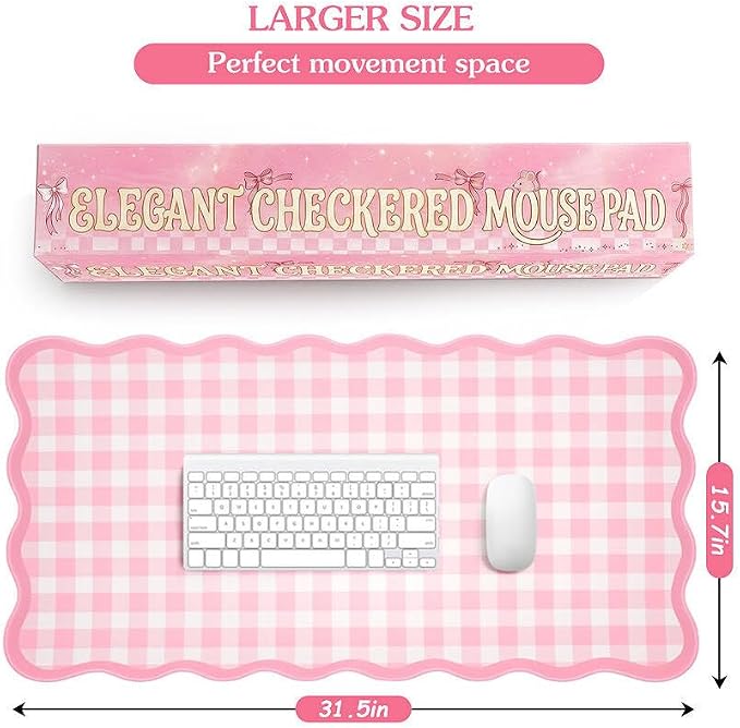 Scalloped Gingham Pink Desk Mat, Large Cute Desk Pad - Image 7