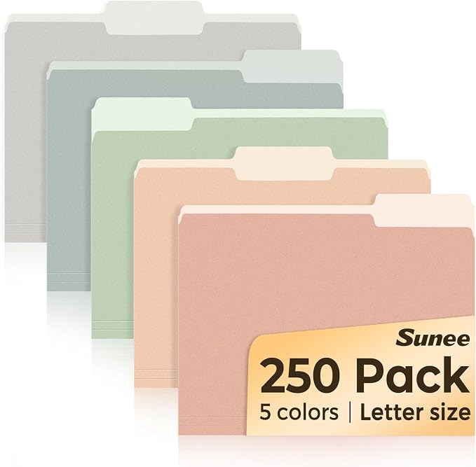 SUNEE File Folders Letter Size Pastel Colors, 250 Pack Manilla Folders 8.5 x 11 by SUNEE