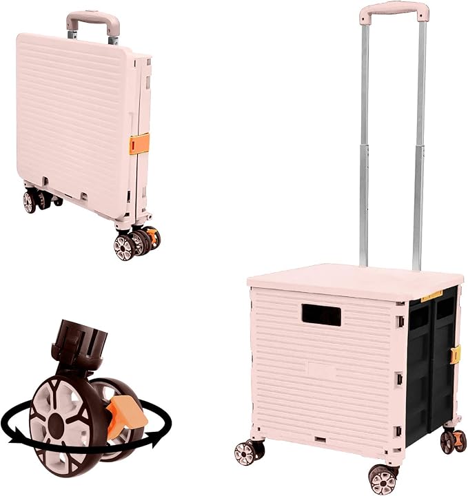 FELICON SELORSS Foldable Utility Cart Folding Portable Rolling Crate-Pink | by FELICON