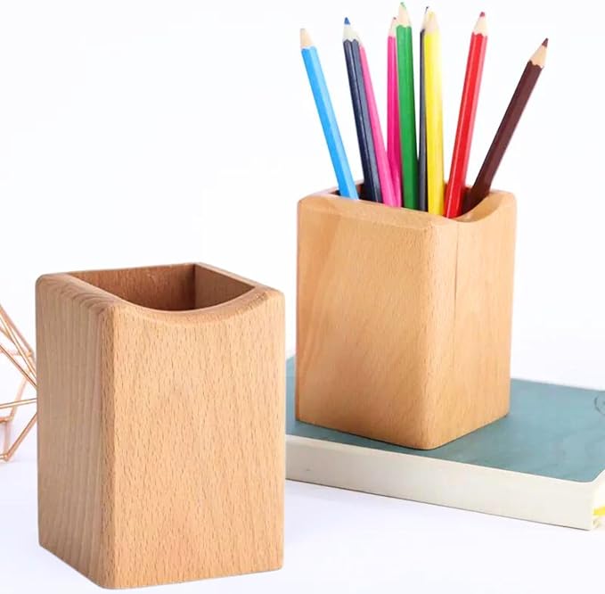 Wooden Pen Holder for Desk, 2 Pack Natural Wood Pencil Cup Holder – Office Desk - Image 4