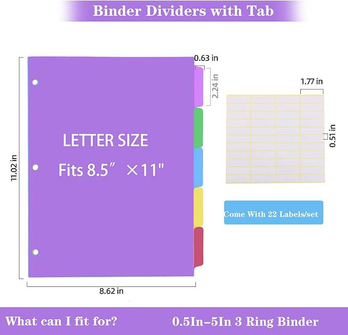 3 Set Dividers for 3 Ring Binders, 5 TAB Binder Dividers - Image 2