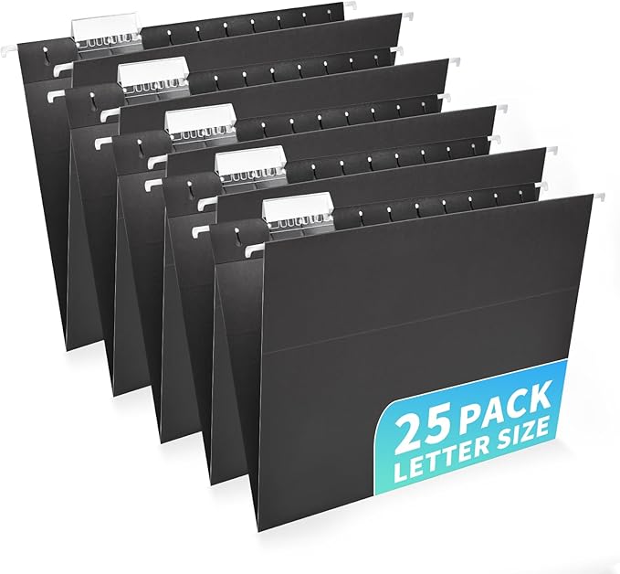 25-Pack Black Hanging File Folders, Letter Size, Includes 35 Transparent Label by Jowaia