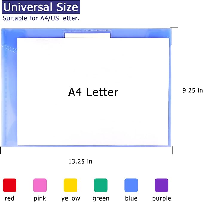 6 Pack Clear Document Folders Plastic Envelopes, A4 Size, 6 Colors | Poly - Image 3