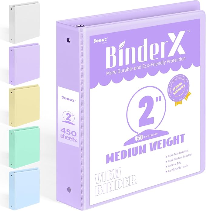 BinderX Extra Durable 3 Ring Binder, Round Ring 2 Inch Binders, Fits 450 Sheets by Sooez