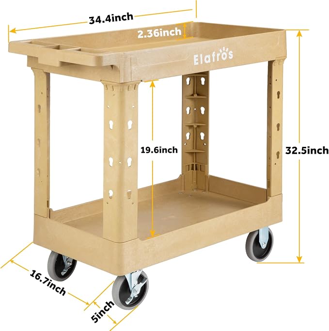 ELAFROS 2-Tier Heavy Duty Rolling Cart, 34 x 17 in, 2 Fixed 2 Swivel, Sand | - Image 2