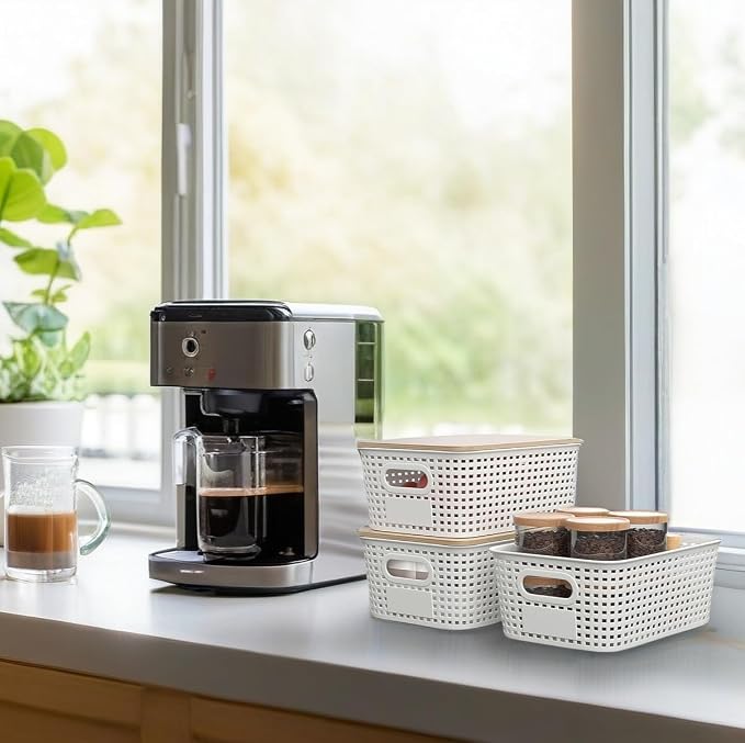 6Pcs Storage Bins with Lids, Stackable Plastic Storage Basket with Bamboo Lid - Image 8