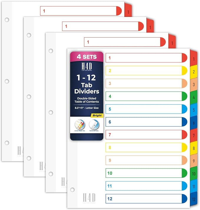 H4D 12 Tab Dividers for 3-Ring Binder, Numbered 1-12 Multicolor Tabs by H4D