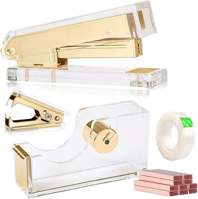 Acrylic Gold Tape Dispenser & Desktop Stapler, Includes Staple Remover by VOSTOR