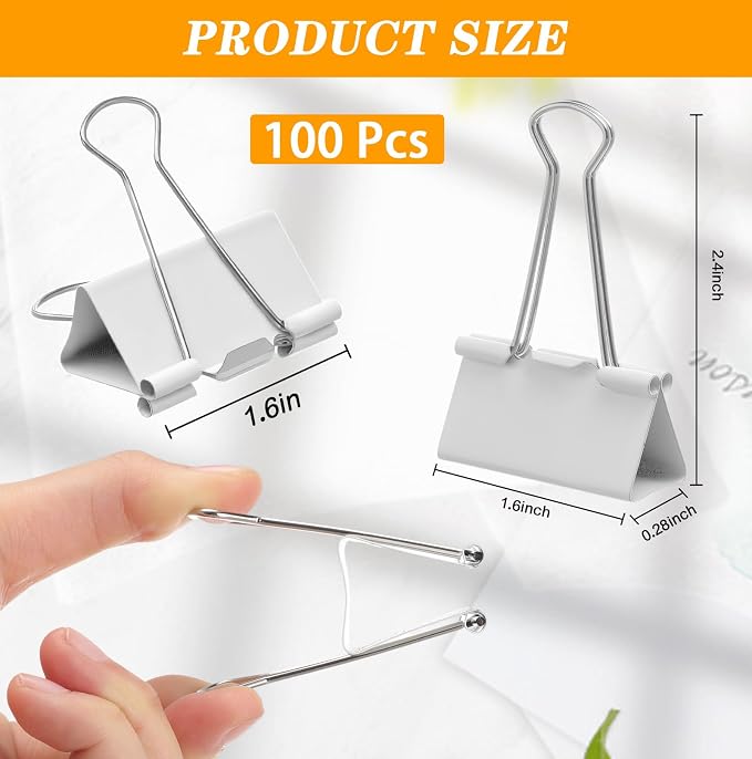 Jetec 100 Pack 1.6in/41mm White Metal Binder Clips Bulk Medium Reusable Fold - Image 2