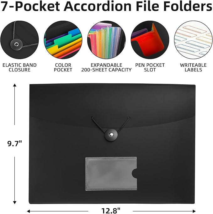 5 Pack 7 Pocket Accordian File Organizer, Expanding File Folder - Image 2