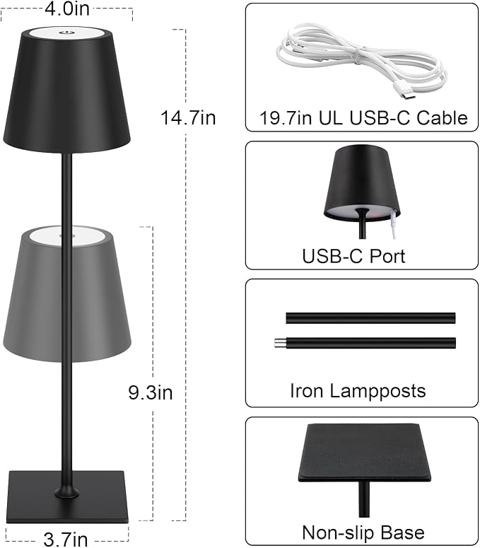 Kakanuo Cordless Rechargeable Table Lamp Black 5000mAh Battery Operated Lamps - Image 5