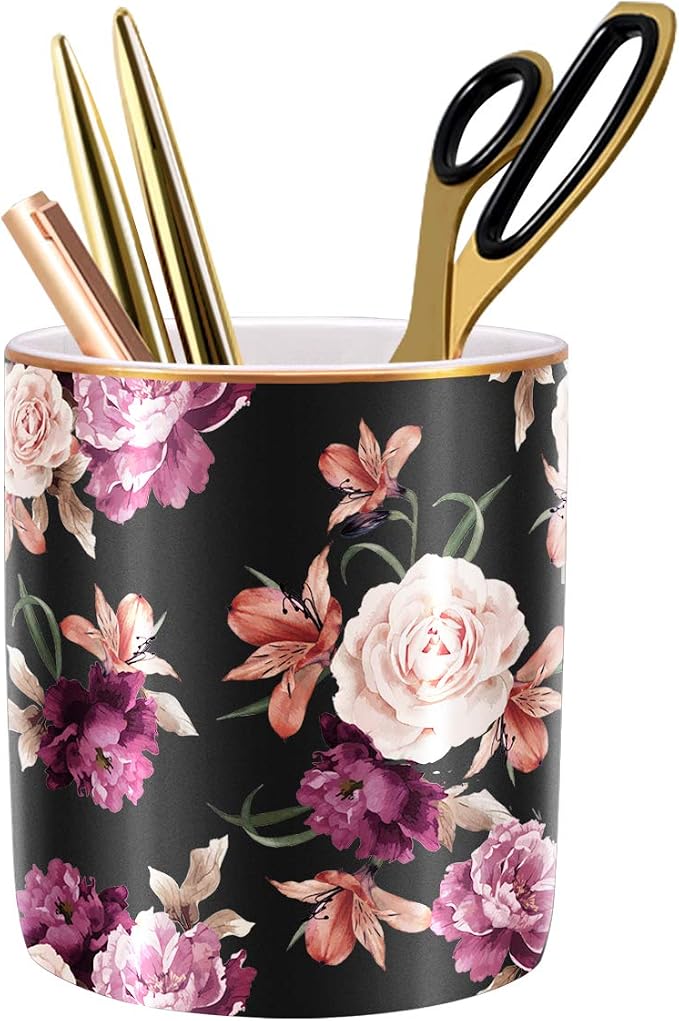 Pen Holder for Desk, Pencil Cup Holder, Cute Floral Makeup Brush Holder Durable by WAVEYU