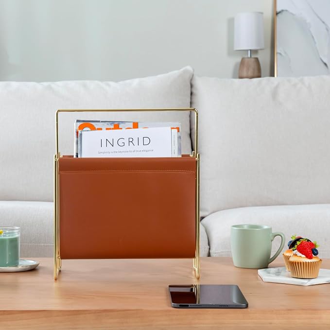 MyGift 13 inch Modern Caramel Leatherette Magazine Holder Floor Standing Sling - Image 3