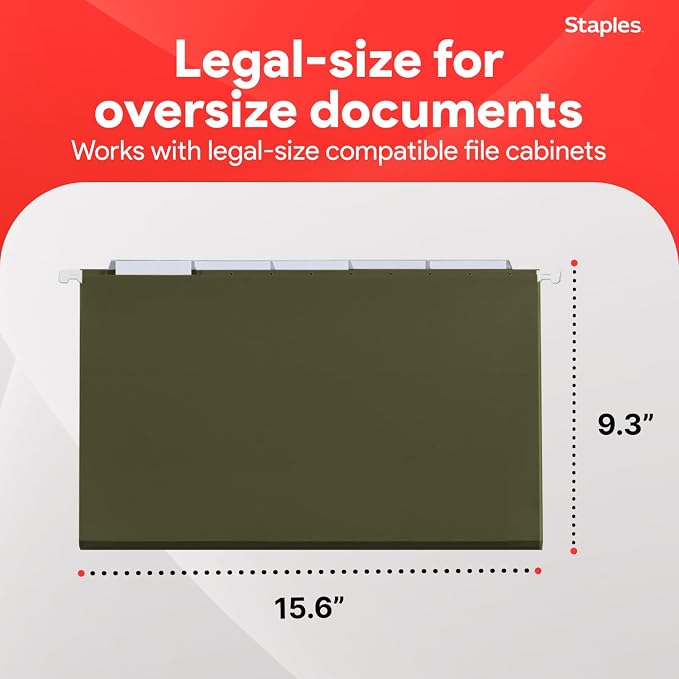 Staples Hanging File Folders, Legal Size, Straight‑Cut Tabs, Standard Green - Image 3