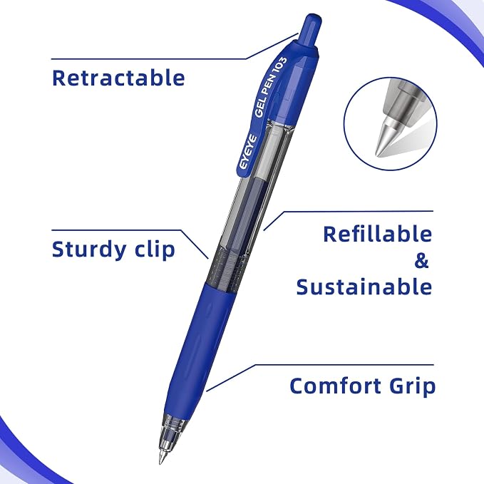 EYEYE G-103 Retractable 0.5mm Gel Pens, 10 Pack Extra Fine Point Blue Ink Pens - Image 2