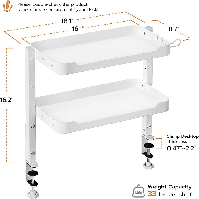 ARES WING 2-Tier Clamp On Desk Shelf, 16 inch Adjustable Above or Under Desk - Image 2