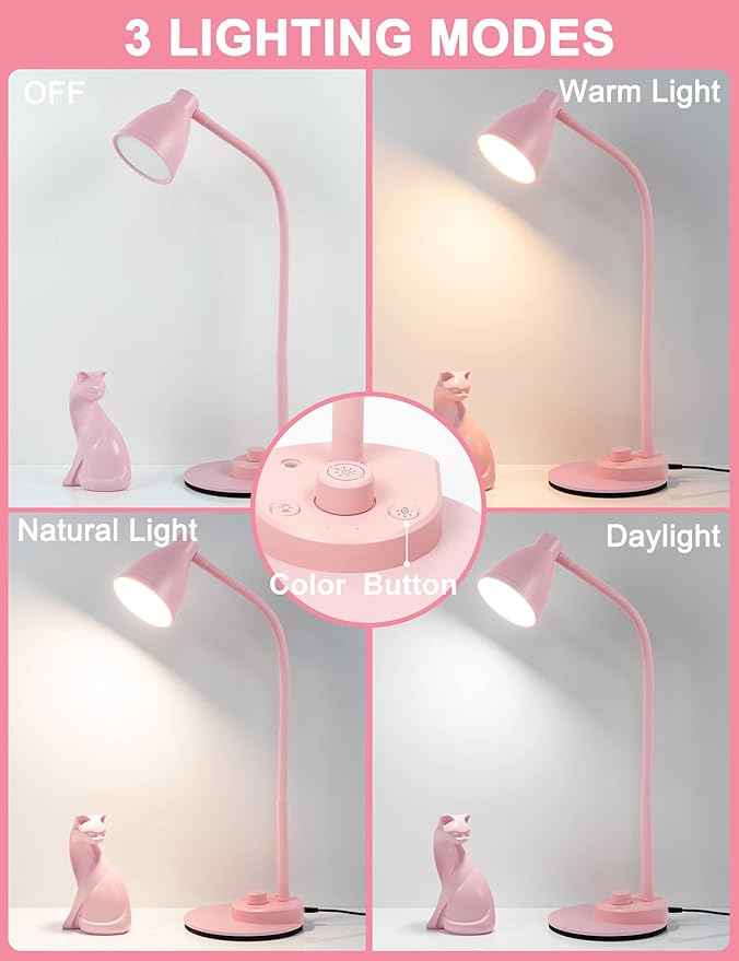 BOHON Cute Desk Lamp with USB Charging Port, 3 Color Modes Dimmable, Flexible - Image 2