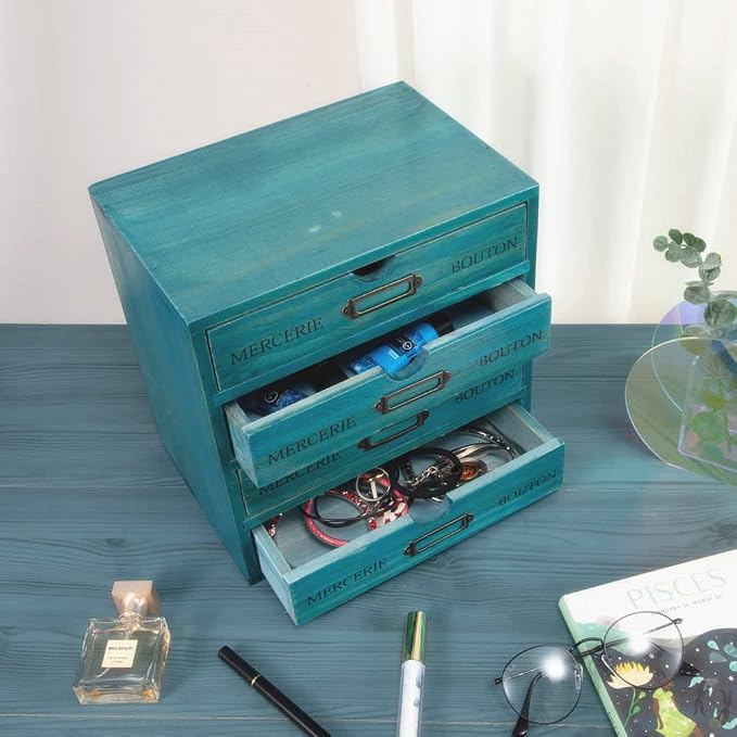 Wooden Storage Box with 4 Drawers Vintage Office Supplies and Accessories - Image 4