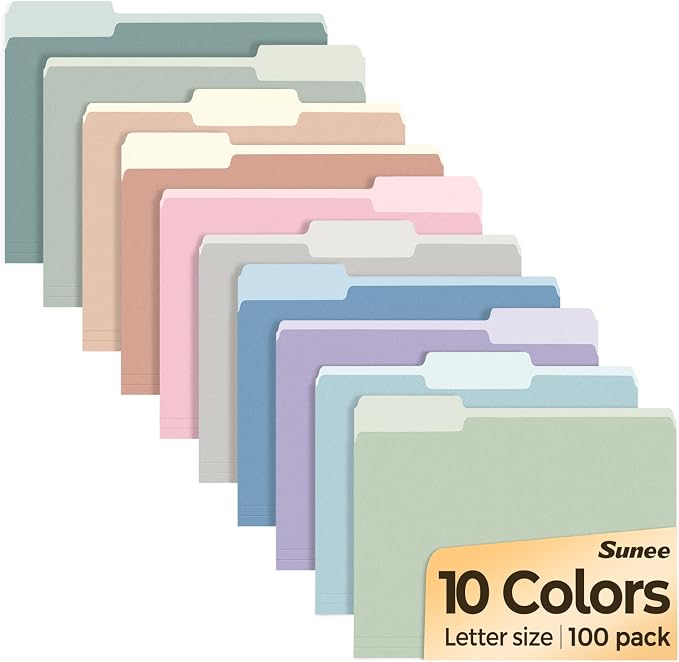 SUNEE File Folders Letter Size 10 Pastel Colors, 100 Pack Manilla Folders 8.5 x by SUNEE