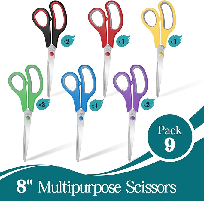 9 Packs 8" Sewing Craft Scissors Bulk, All Purpose Stainless Steel Scissors - Image 2