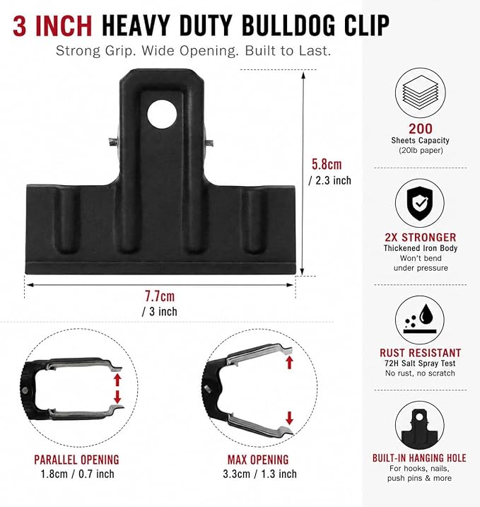 Coideal Black Metal Bulldog Clips 3 Inch – 10 Pack Large Binder Paper Clamps - Image 7