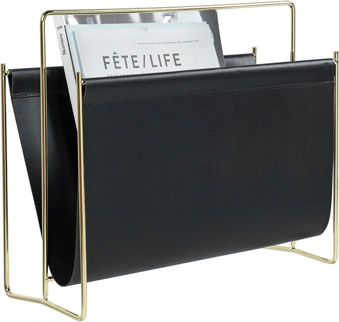 MyGift 15-Inch Modern Black Leatherette & Brass Plated Metal Magazine Holder – - Image 6