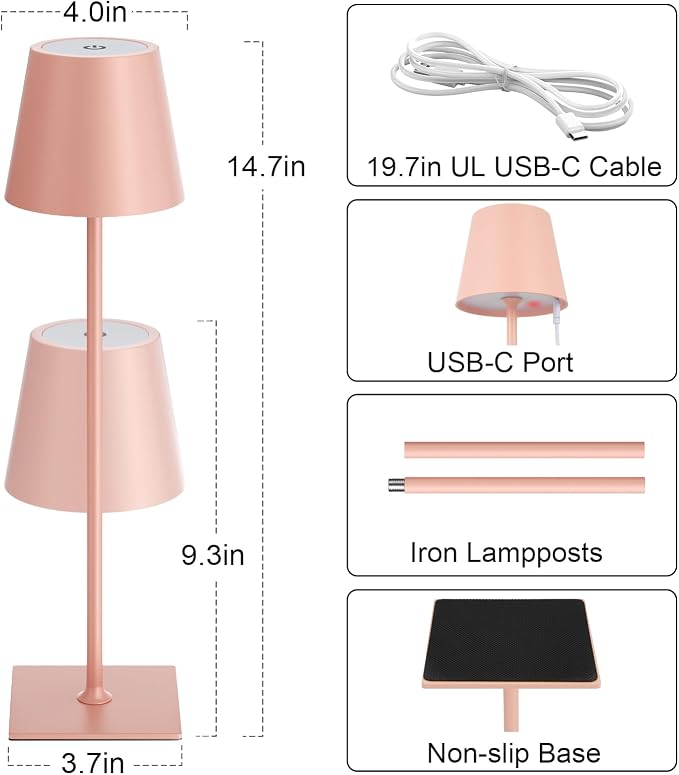 Kakanuo Pink Cordless Rechargeable Table Lamp 5000mAh Battery Operated Lamps - Image 5