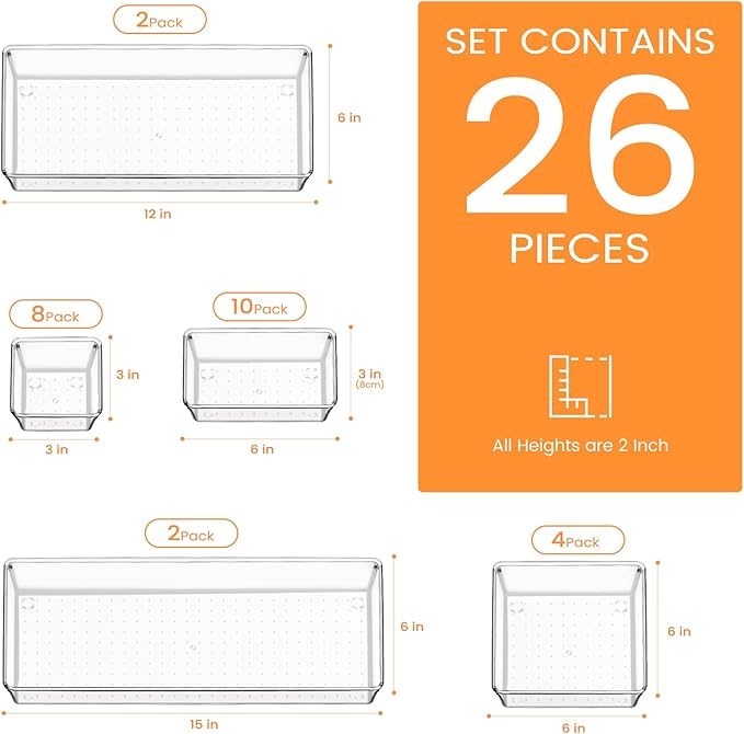 Criusia Drawer Organizer, 26 Pack Clear Plastic Drawer Organizer Bins, - Image 2