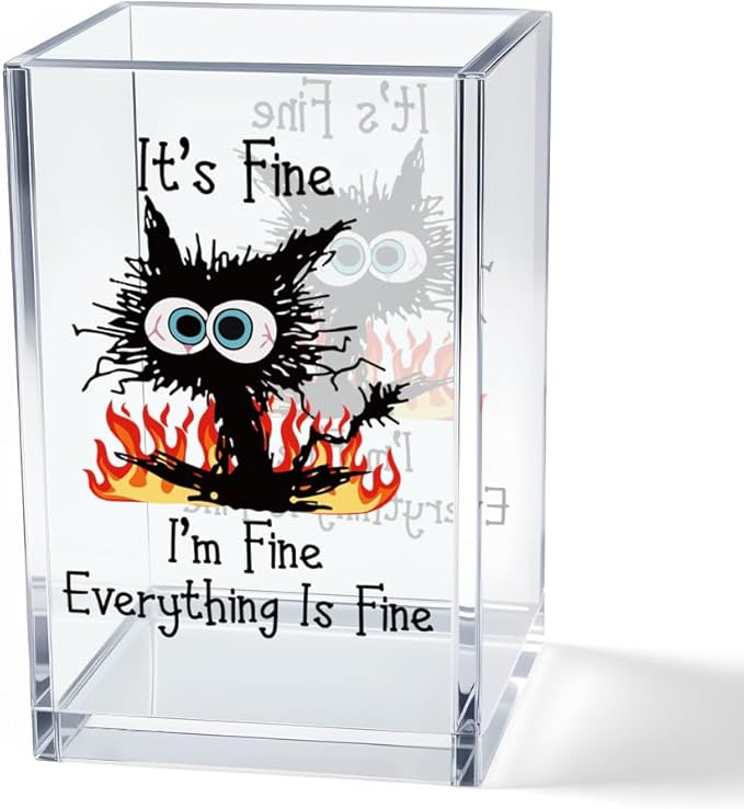 It's Fine I'm Fine Acrylic Cosmetic Pencil Pen Holder Cup, Funny Black Cat Pen by Unknown
