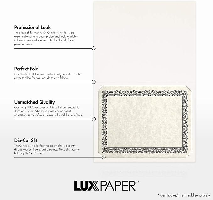 LUXPaper 9.5" x 12" Certificate Holders | White Linen | 100lb. Cover | 250 Qty - Image 2