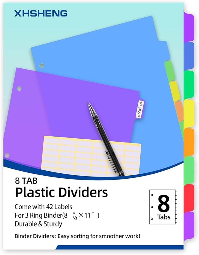 Binder Dividers for 3 Ring Binder, 8 Tab Plastic File Dividers - Image 6