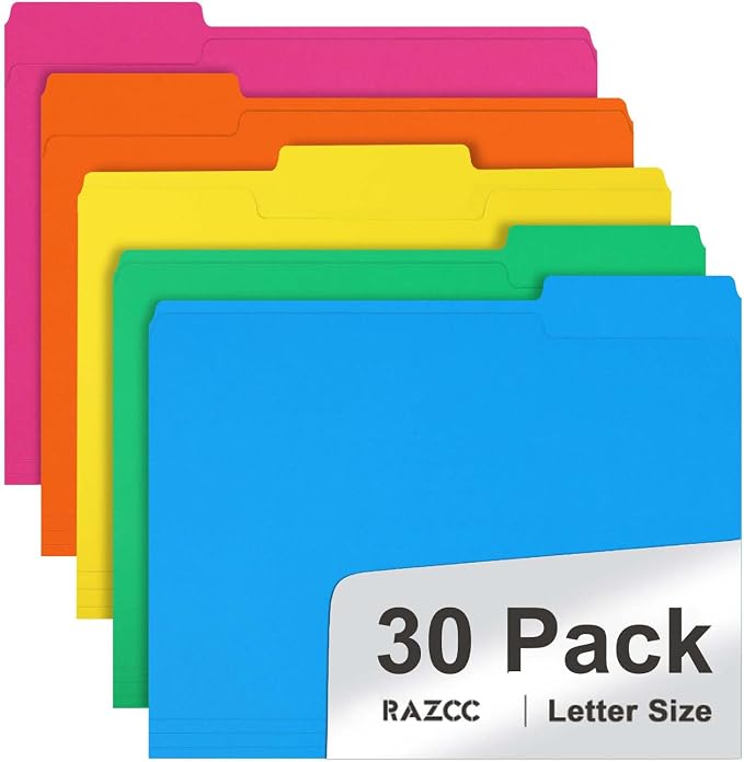 File Folder, RAZCC 30 Pack 1/3 Cut Tab Colored File Folders, File Folder Letter by RAZCC