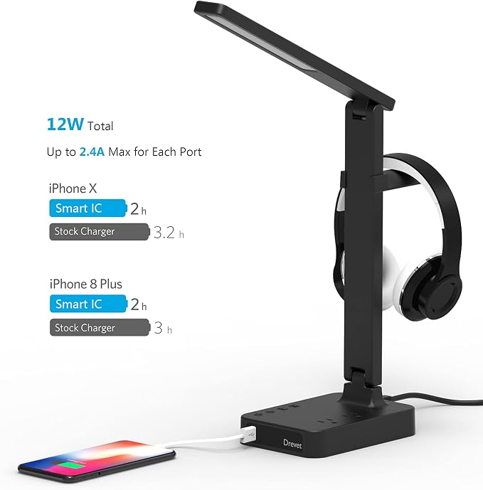 Drevet LED Desk Lamp with Headphone Stand, Desk Light with 1 USB Charging Port - Image 5